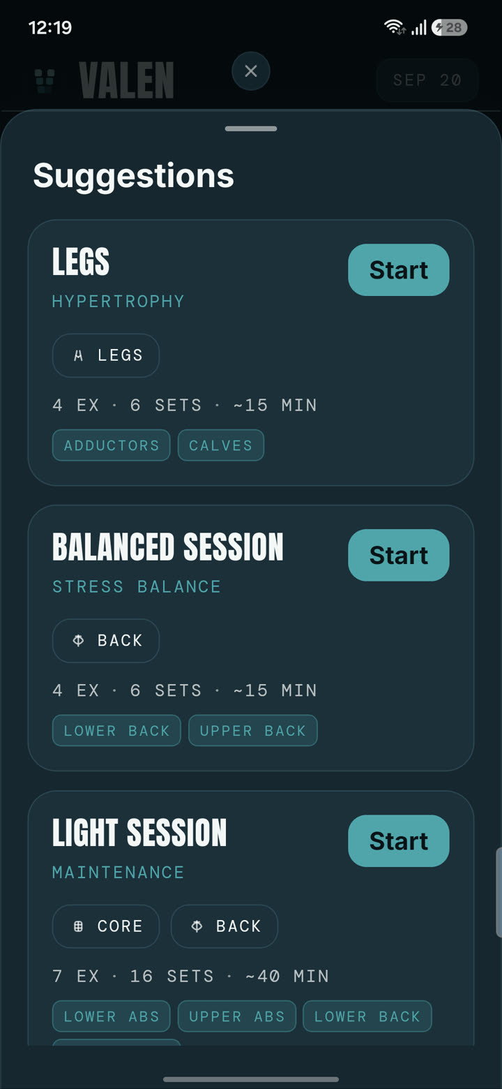Valen suggested sessions list with legs, balanced and light sessions