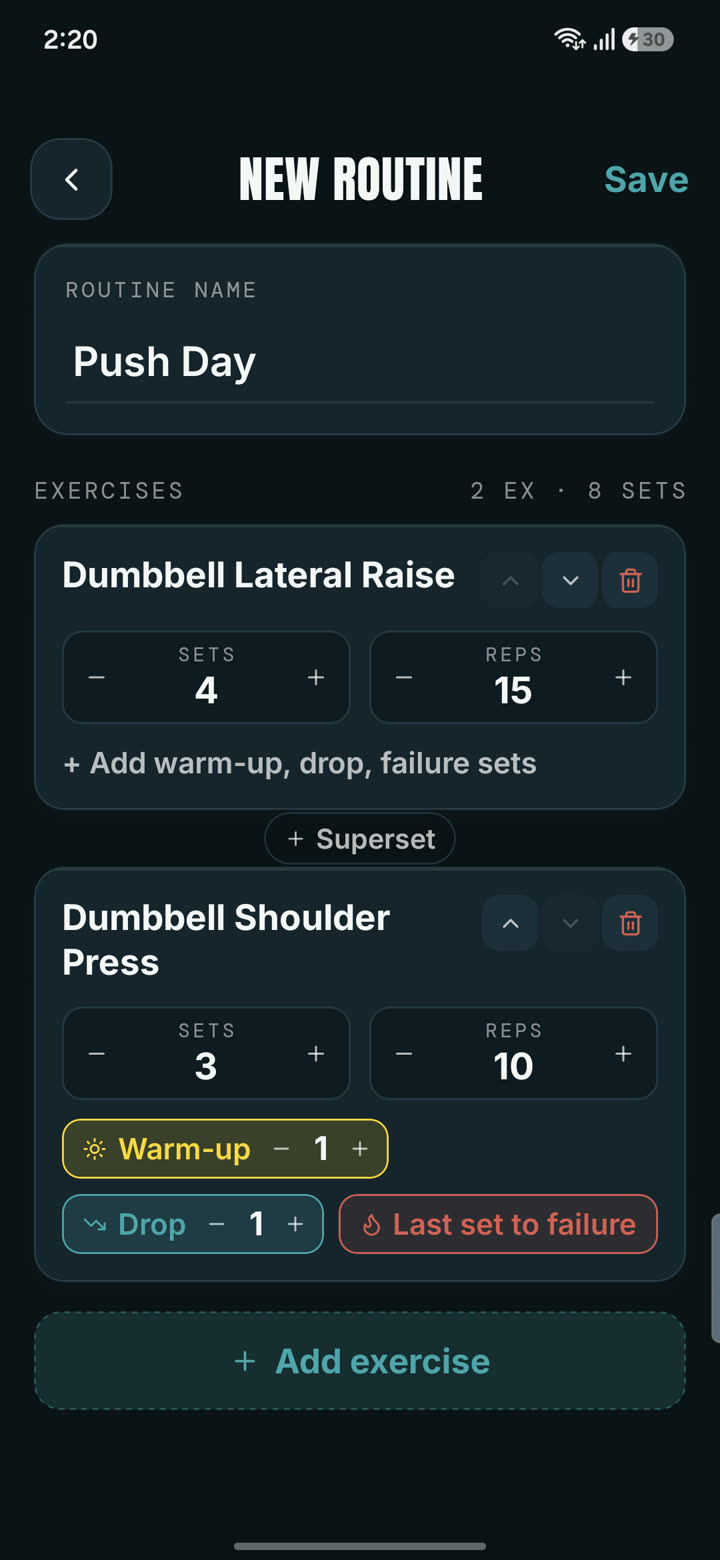 Valen routine editor with sets, reps and warm-up, drop and failure sets