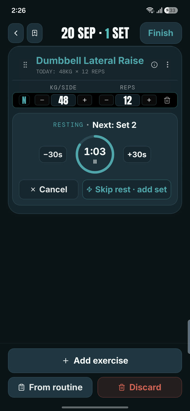 Valen rest timer counting down between sets