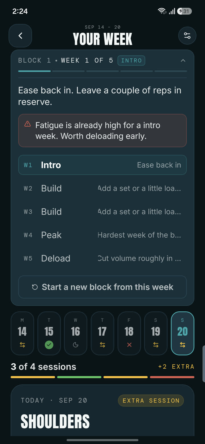 Valen weekly plan showing block 1 week 1 of 5 with intro, build, peak and deload weeks